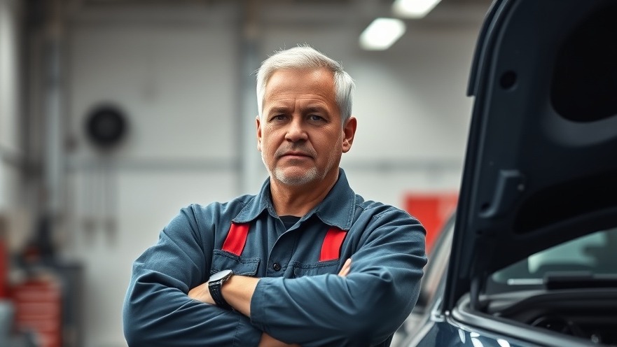 Determined auto mechanic showcasing shop efficiency in bright repair shop.