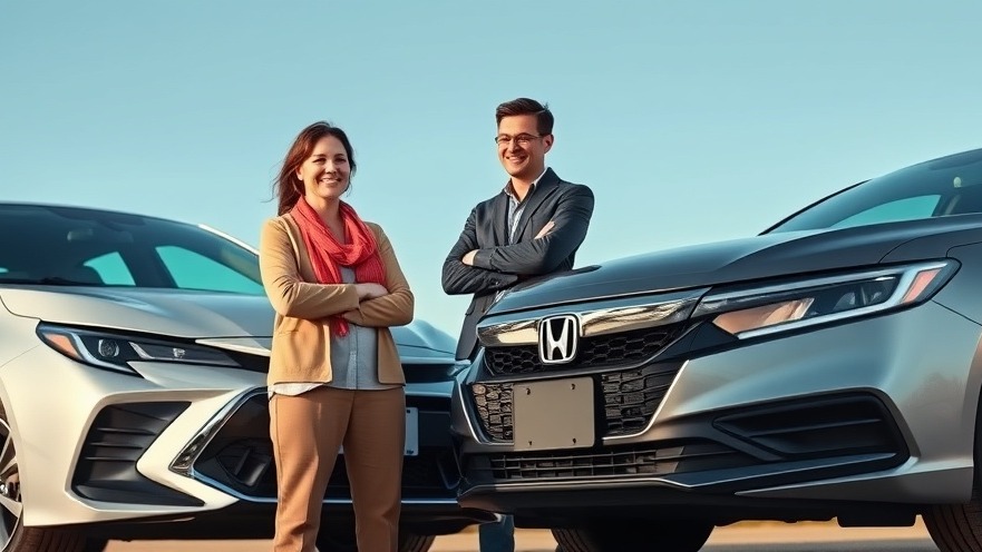 Two individuals comparing a Toyota Corolla and Honda Accord for optimal car maintenance.