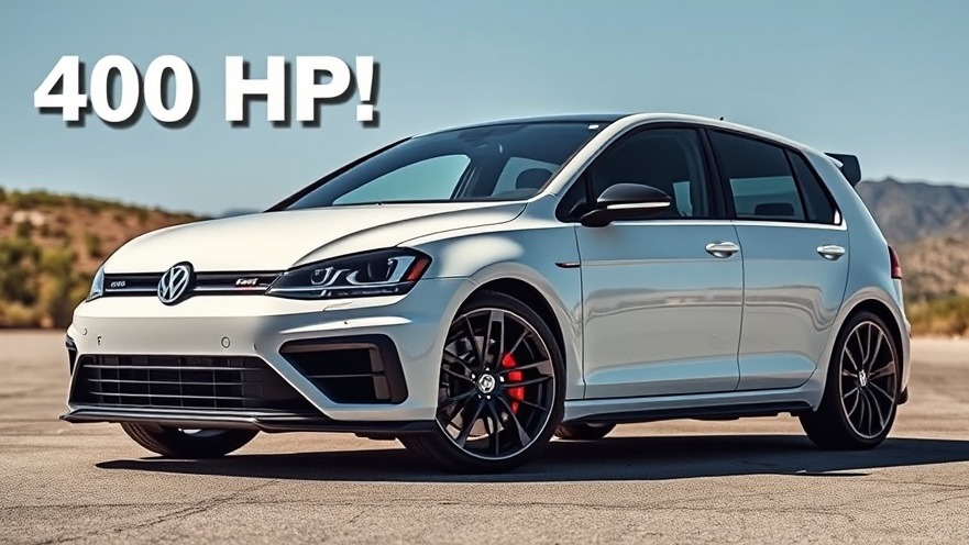 Sleek white Mk7 Golf R showcasing Volkswagen upgrades and performance specs in bright daylight.