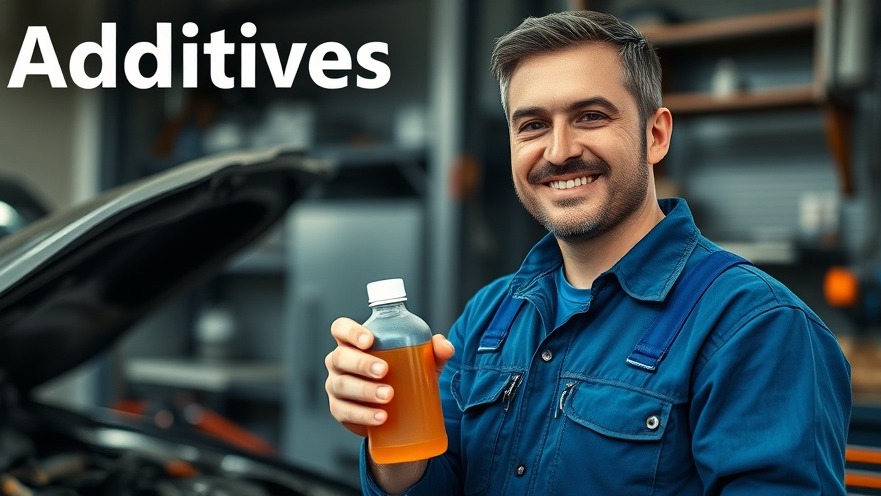 Confident mechanic showcasing automotive additives in a workshop, smiling with car parts.