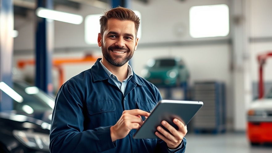Confident automotive technician in uniform using tablet for car diagnostics in repair shop.