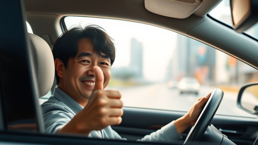 Cheerful Japanese driver giving thumbs up, embodying fuel economy tips.