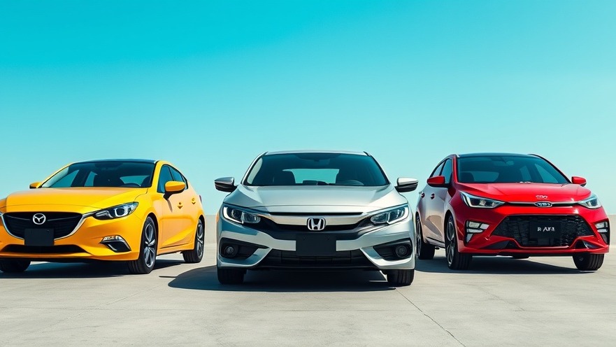 Dynamic comparison of Mazda 3, Honda Civic, and Kia K4 hatchback models under a clear blue sky.