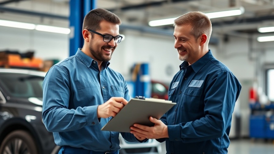 Confident automotive consultant guiding mechanic in modern repair shop, bright atmosphere.