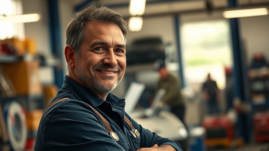 Confident auto repair shop owner exuding determination, engaging with customers.
