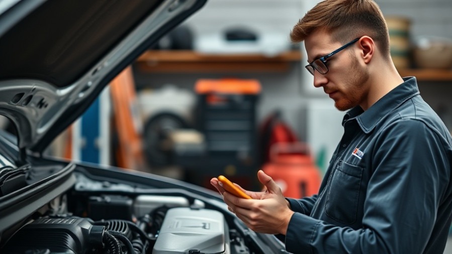 Skilled technician using a tablet to assess automotive repair in a modern garage.
