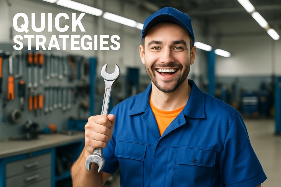 Cheerful mechanic in a clean shop, showcasing automotive repair strategies to increase auto shop profits.