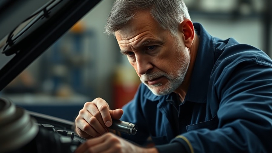 Middle-aged mechanic focused on a car engine, exploring vehicle technology.