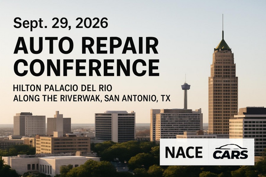Modern event banner for auto repair conference on Technological Adaptation in San Antonio.