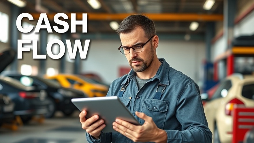 Concerned auto shop owner analyzing cash flow management on a tablet in a busy garage.