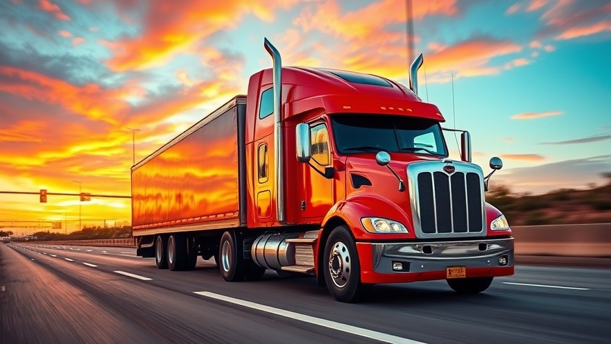 Vibrant red semi-truck on highway, showcasing sustainable practices in auto repair under a sunset.