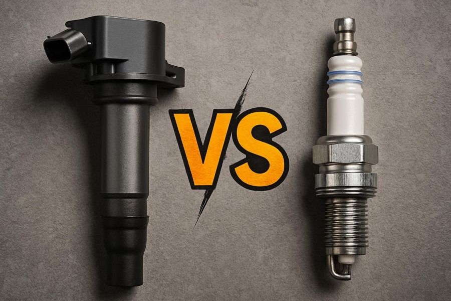 Closeup of ignition coil vs spark plug, highlighting symptoms of bad ignition coil.