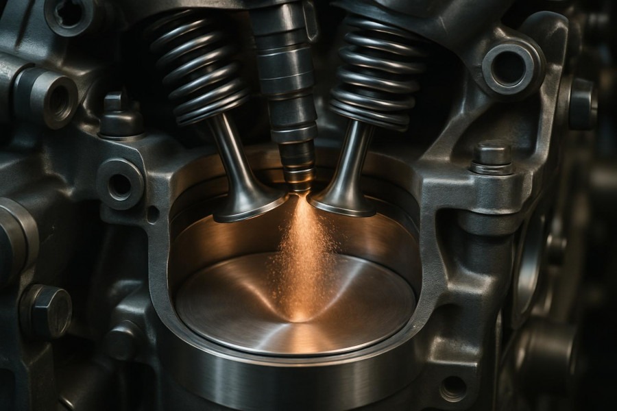 Close-up of a direct injection engine cylinder showing carbon buildup and fuel quality sensitivity.