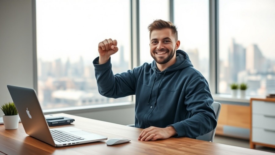 Young mechanic celebrating success at a minimalist home office, embodying solopreneur success strategies.