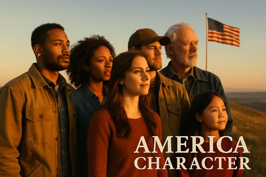 Thoughtful Americans showcasing ethical leadership and unity under a distant flag.