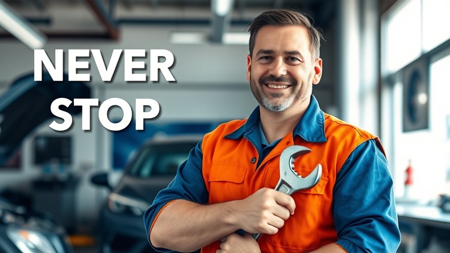 Confident auto repair shop owner with a wrench, showcasing marketing strategies for auto repair.