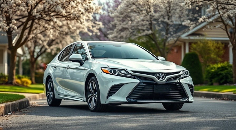 Photorealistic white Toyota Camry in a vibrant suburban setting, showcasing Toyota Camry Performance.