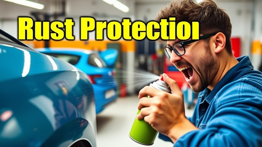 Excited car owner applying rust-proof spray for effective car maintenance.