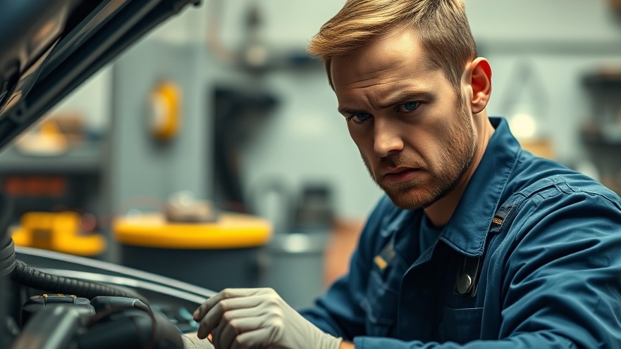 Stressed mechanic in blue overalls examining engine, highlighting auto repair challenges.