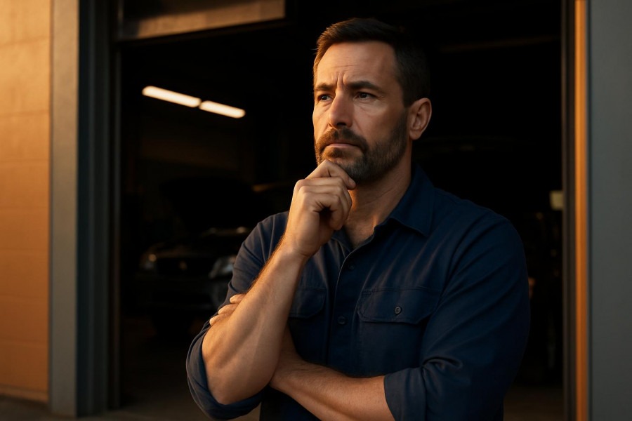 Confident auto repair shop owner planning strategy amidst US auto market trends.