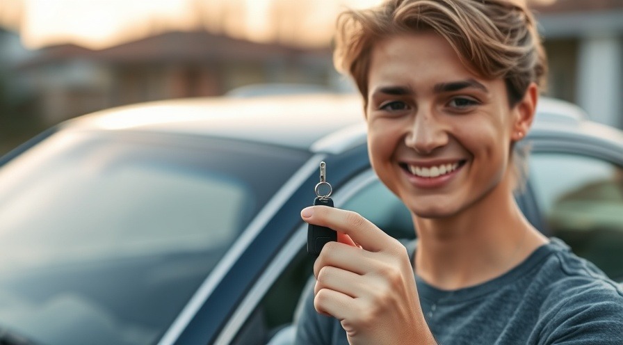 Smiling young adult with car keys in front of a well-maintained sedan, perfect for budget car buying.