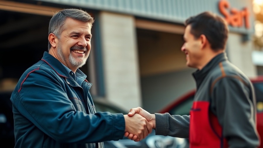 Auto shop owner shaking hands, showcasing networking opportunities for business growth.