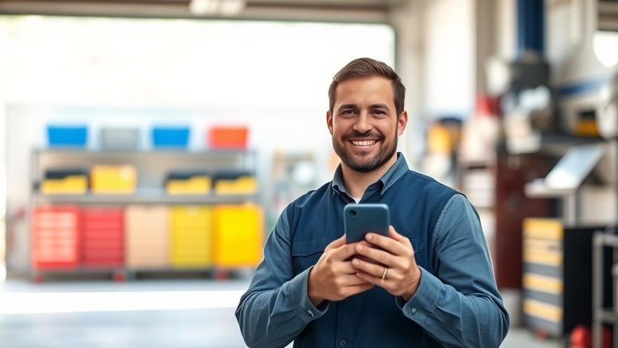 Confident auto repair shop owner smiling, showcasing social media strategy for customer engagement.