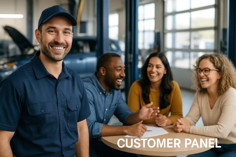 Engaged customers providing valuable feedback in a modern auto repair shop.