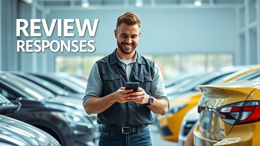 Auto shop owner smiling while reading positive reviews, highlighting customer feedback strategies.