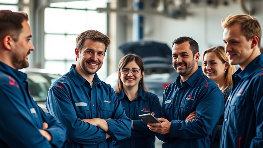 Confident automotive trainers and eager technicians collaborating in a modern garage.
