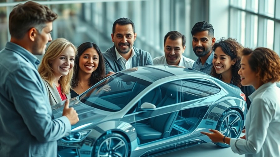 Diverse educators brainstorm around a futuristic car model, exploring automotive education.