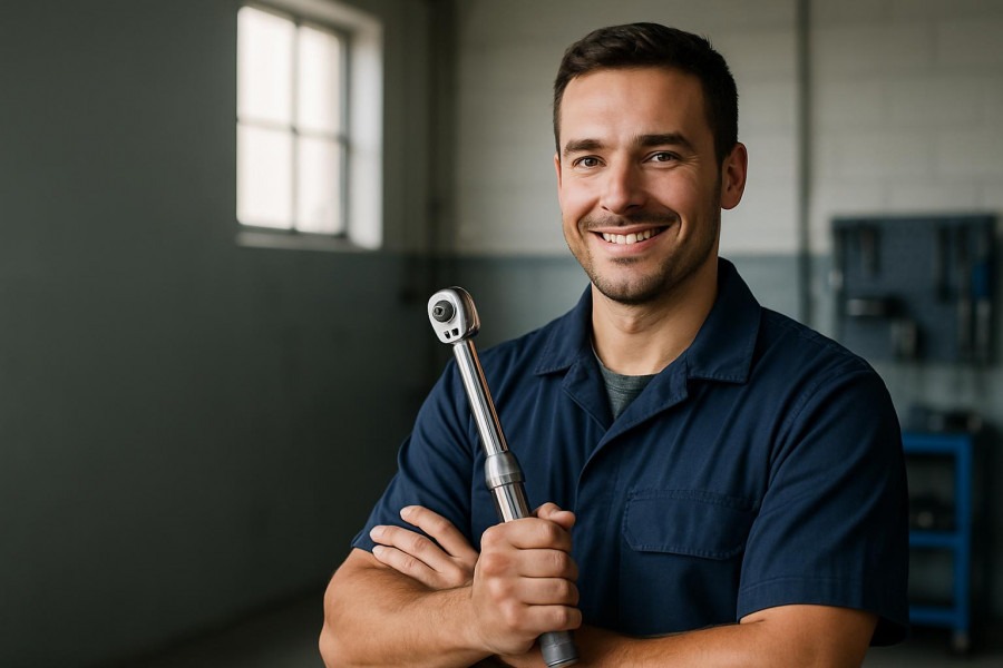 Confident mechanic holding Snap-On tools torque wrench in bright workshop.