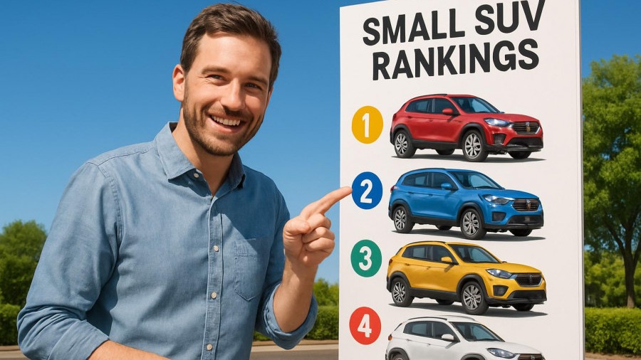 Man pointing at reliable small SUVs ranking board under a clear blue sky.
