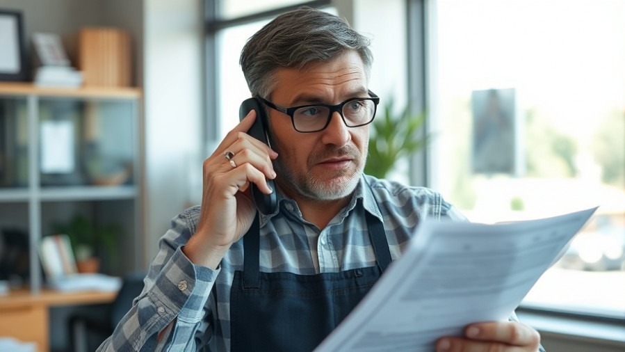 Concerned auto repair shop owner reviewing call tracking amid telecommunications regulations.