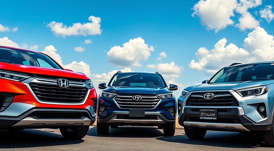 Colorful display of Honda, Hyundai, and Toyota SUVs showcasing midsize SUV reliability.