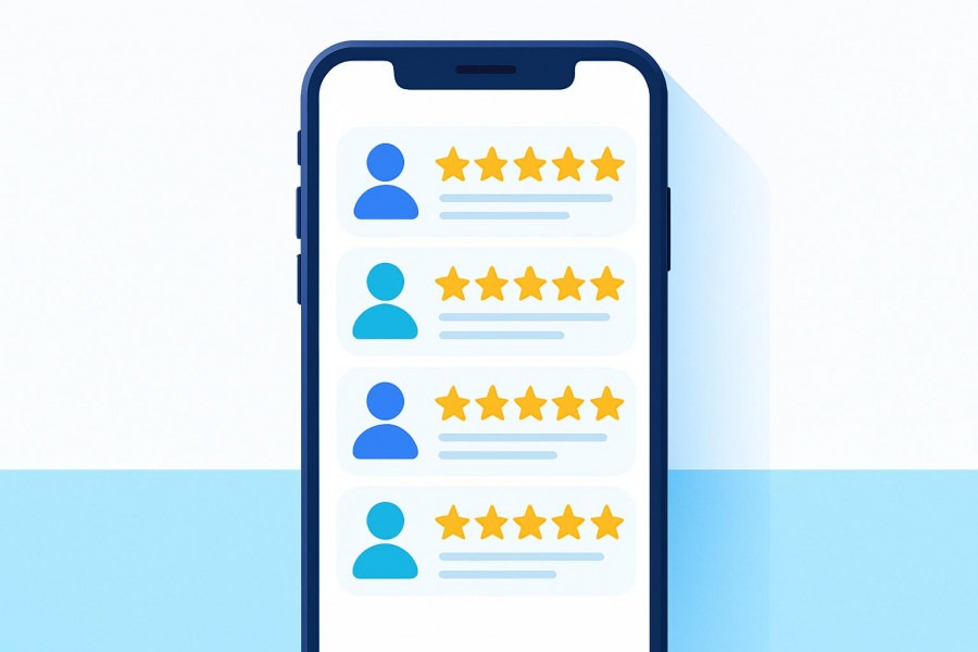 Smartphone showcasing customer reviews with five-star ratings, emphasizing trust building.