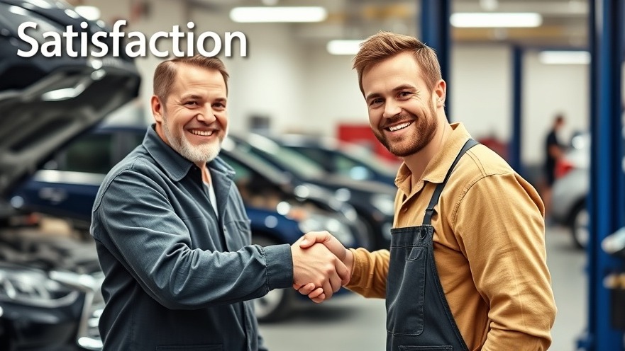 Warm mechanic and happy customer shaking hands in a vibrant auto repair shop.