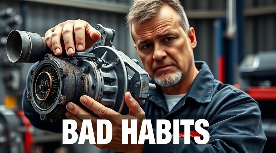 Mechanic with a worried expression points at a damaged turbo engine, highlighting key problems.