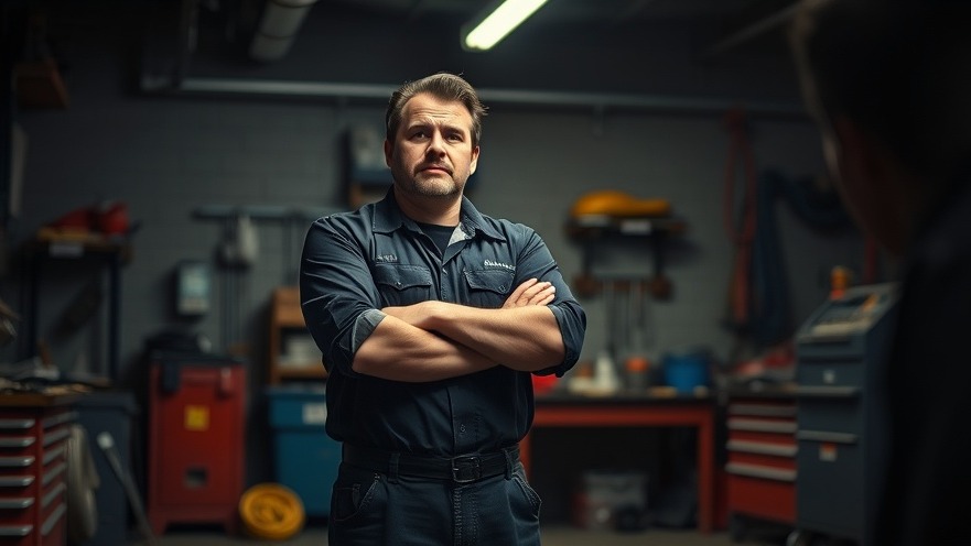 Frustrated mechanic in a dim garage, highlighting repair business efficiency challenges.