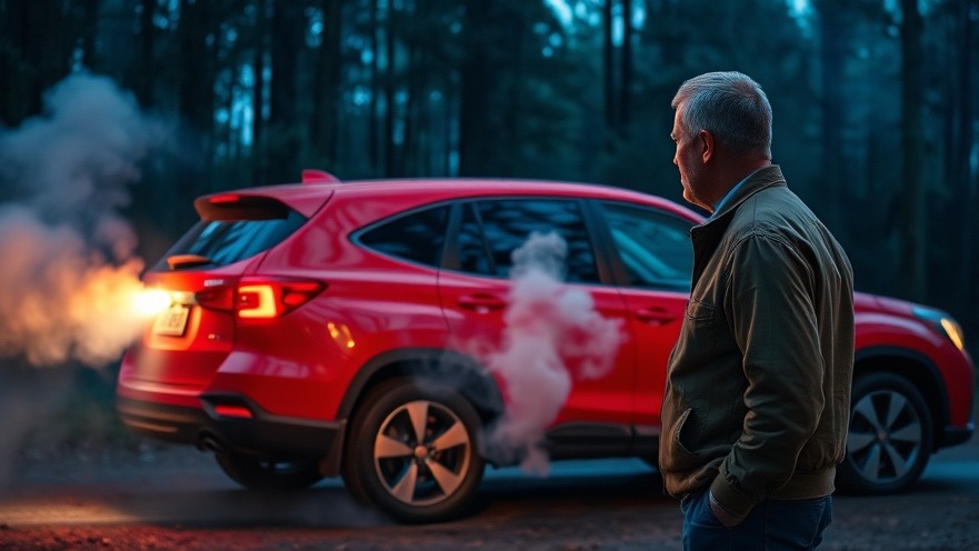 Concerned man watches a malfunctioning red SUV with smoke, highlighting issues in poorly engineered vehicles.