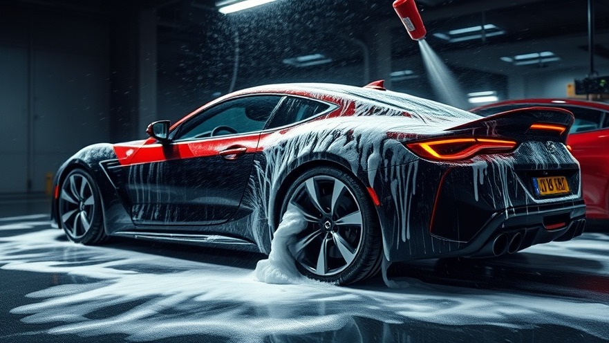 Vehicle maintenance: Luxury sports car detailed with foam in a dark garage