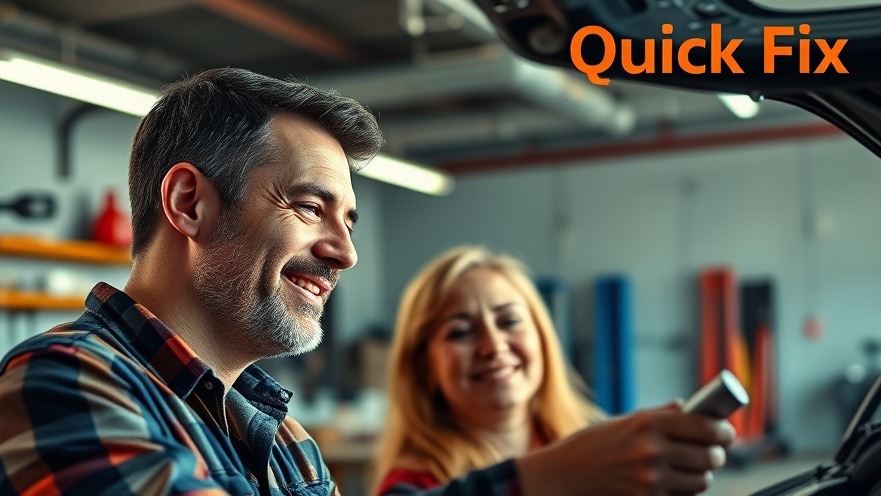 Happy couple receiving car maintenance advice in a vibrant, modern garage.