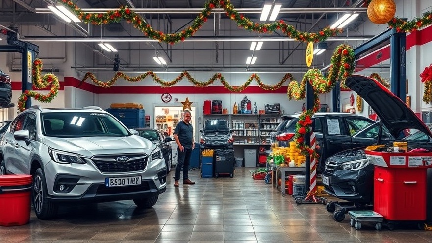 Auto repair shop with festive staff and seasonal promotion decor.