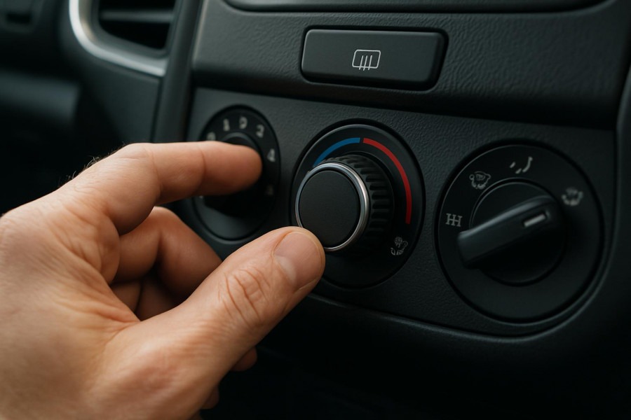 Close-up of hand on car heater controls, highlighting airflow issues in the vehicle heating system.