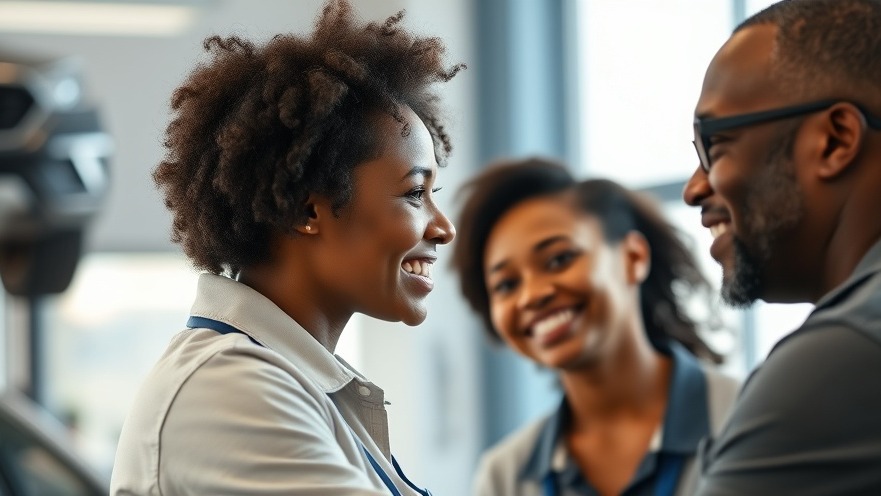 Service advisor warmly greeting a diverse customer, enhancing customer retention and engagement.