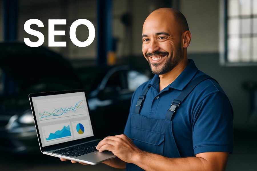 Confident auto repair shop owner using laptop for SEO basics and analytics.