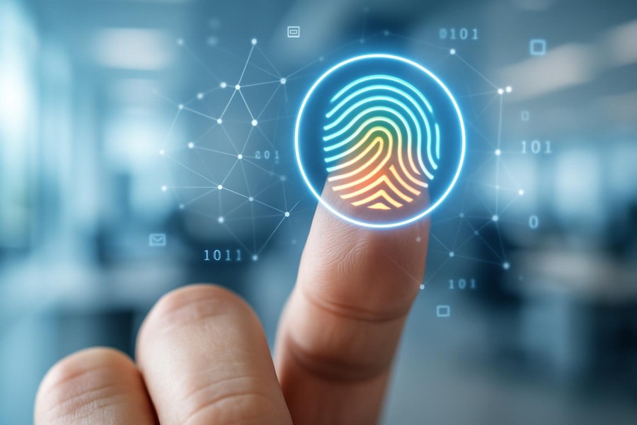 Close-up of a hand with a digital fingerprint icon, showcasing online presence and reputation management.