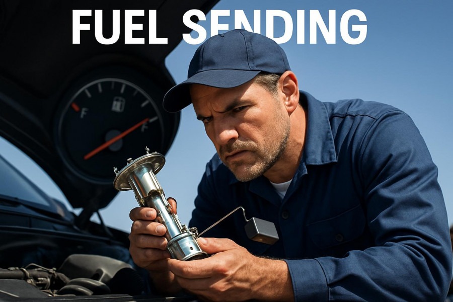 Mechanic addressing fuel gauge issues, determined over car hood with gas gauge visible.
