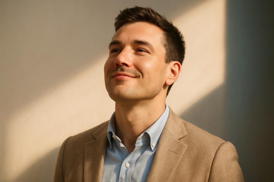 Well-groomed person with newfound confidence in soft morning light.