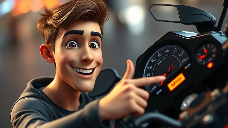 Enthusiastic young man pointing at tachometer, highlighting motorcycle performance and redline importance.